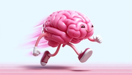 3D illustration of an animated brain character running with motion blur on a pink track, concept for mental health care