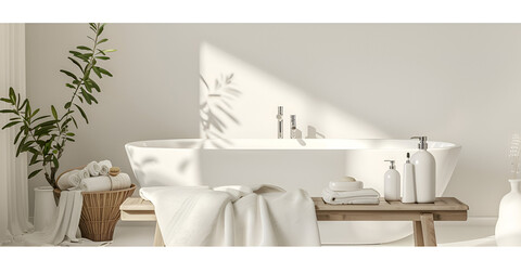 Fototapeta na wymiar modern luxury interior view of bathroom vanity with white bottles and soaps Cosmetic products for body care are displayed beautifully in elegant soft light in a white bathroom interior with a modern s