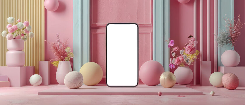 A pink room with a white phone on a table by AI generated image