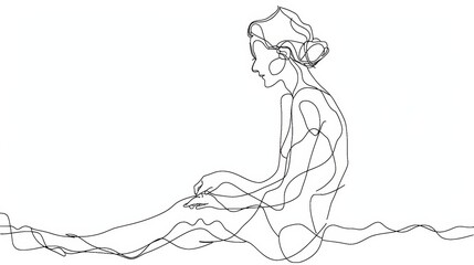 Minimalistic line art contour drawing of a seated woman