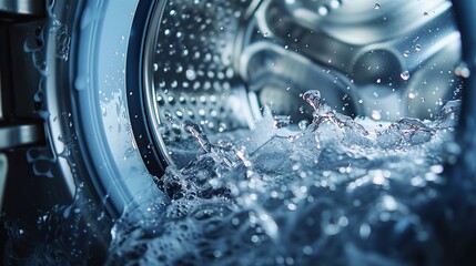 Pristine water flow and splashes from a washing machine drum near-up modern high tech item for human laundry work and space, Generative  AI.