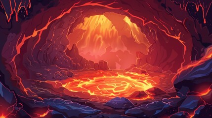Fantasy landscape of inferno with fiery molten magma flows in stone mountain tunnel, modern cartoon illustration.