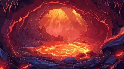 Foto op Plexiglas Bordeaux Fantasy landscape of inferno with fiery molten magma flows in stone mountain tunnel, modern cartoon illustration.