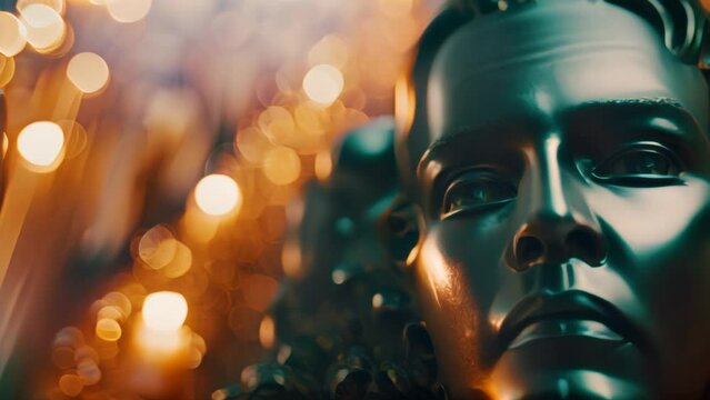 Close-up of a golden mask with blue tint and light reflections. Bokeh effect in the background