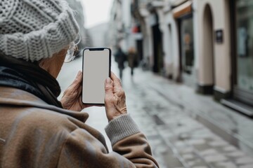 Ui mockup through a shoulder view of a elderly woman holding an smartphone with an entirely grey screen - obrazy, fototapety, plakaty