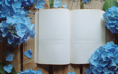 Blue hydrangea laying next to an open vintage notebook with copy space.	
