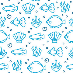 Blue fish swim underwater among algae outline seamless pattern on white background.