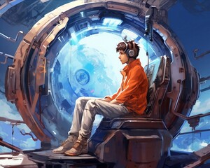 A random space traveler brought to life by a skilled 3D animator in a futuristic spaceship setting - obrazy, fototapety, plakaty