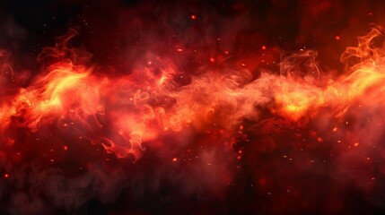 Flying particles glow in hell smog texture overlay illustration. Inferno magic power steam wave with red smoke cloud effect. - obrazy, fototapety, plakaty