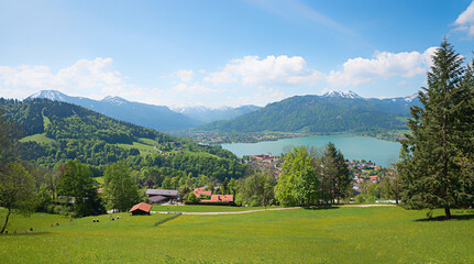 view from hiking route Neureuth, above lake Tegernsee, spring landscape bavarian alps