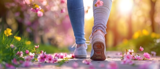 Portrait of a woman leg walking through a flower garden wearing denim pants and sneakers with a big space a spring flower garden, Generative AI. - obrazy, fototapety, plakaty