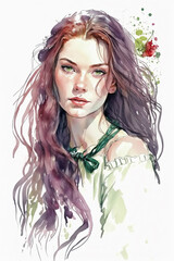 girl with long hair and green eyes, wearing a green dress, in the style of a watercolor sketch