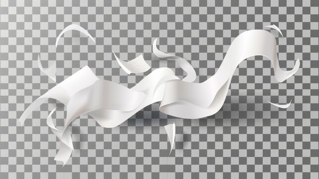 Fly white paper sheet isolated on transparent background. Falling office paperwork set with bent and curled edges on wind. Mockup with bent and curved A4 sheets and wind.