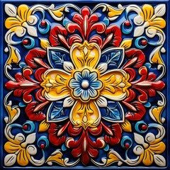Fototapeta na wymiar Hand-Painted Italian Majolica Ceramic Tile with Dynamic Red, Yellow, and Blue Design