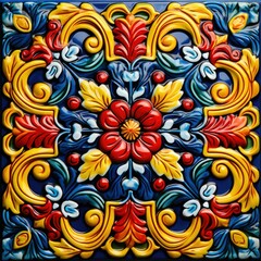 Fototapeta na wymiar Hand-Painted Italian Majolica Ceramic Tile with Dynamic Red, Yellow, and Blue Design