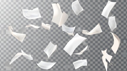 An illustration of a white paper stack falling in the air. Illustration of stack of blank pages, office documents, business files flying in the air. - obrazy, fototapety, plakaty
