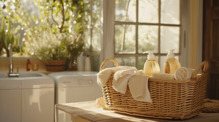 A wicker basket with fresh towels and cleaning supplies