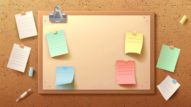 Cork board with memo papers. Modern illustration of bulletin with pinned message stickers, weekly schedule planner, to-do lists, and blank colored sticky notes.