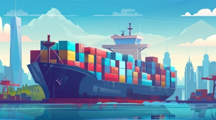 Modern illustration of a cartoon cargo ship docked in a marine harbor, loaded with containers. Transportation for export goods delivery, logistics.