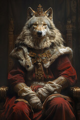 Crowned wolf sitting on a throne, anthropomorphic character, royal furry portrait in the style of a renaissance painting