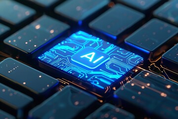 An artificial intelligence button over a keyboard, depicting the use of AI technology on current computers and routinely online encounters closer in and space, Generative AI. - obrazy, fototapety, plakaty
