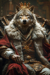 Crowned wolf sitting on a throne, anthropomorphic character in the style of a renaissance painting