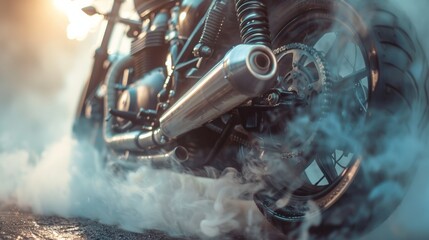 biker staying on bike on road with smoke of the tire, burn out in the moto show