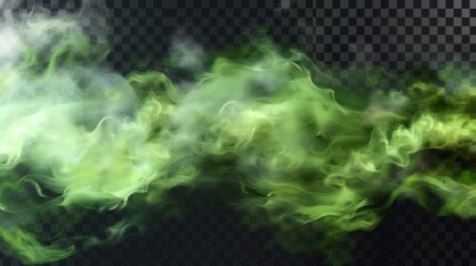 Green gas clouds on transparent background. Modern illustration of toxic fog, evil magic mist, poisonous evaporation. Color powder, stinky odor waves, mystery Halloween glow. - obrazy, fototapety, plakaty