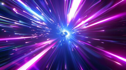 Detailed modern illustration of hyperspace jump through vibrant tunnel, fast speed motion effect, teleportation through space galaxy.