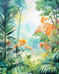 Otherworldly watercolor jungle, vibrant canopy, morning, overhead