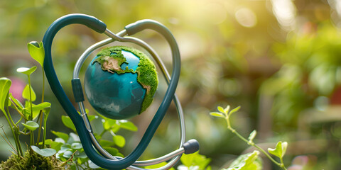 World Health Day heart shaped earth with a stethoscope on wooden table with blur background