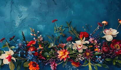 Colorful floral arrangement on blue textured background for creative design