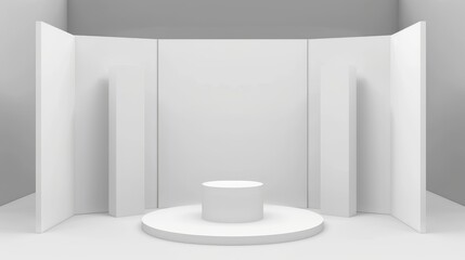 Fototapeta na wymiar A 3D model of the white stand booth for presentation or event. A modern promotional blank wall in a room display for exhibition with a table or podium. Collection of empty expo business cube corner