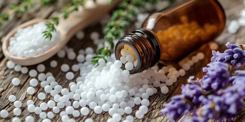 Alternative medicine with herbal and homeopathic pills Homeopathic granules scattered on a wooden table with flowers - obrazy, fototapety, plakaty