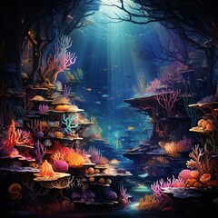 Underwater Kingdom, Glowing Corals, Mythical sea creatures, An underwater scene bursting with glowing corals and mythical sea creatures
