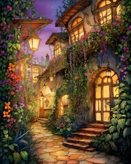 Whimsical watercolor alley, vines and flowers, evening, side angle
