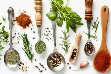Arrange fresh herbs, spices, and cooking utensils to appeal to foodies and home chefs. photo on...
