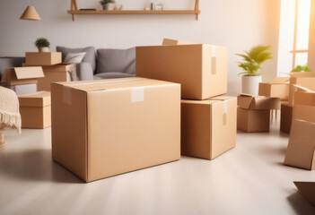 Moving boxes in a living room ready for the move. Concept of change, innovation, new beginning