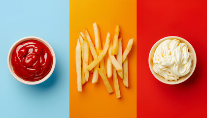 Collage of tasty french fries with ketchup and mayonnaise on color background, top view - obrazy, fototapety, plakaty