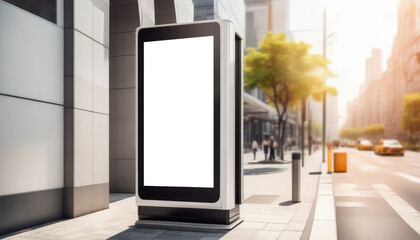 Outdoor blank billboard advertising, evening city in background. .Mock-up on white vertical panel