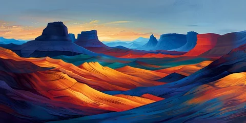 Poster Breathtaking Desert Landscape at Sunrise Revealing Vibrant Hues and Dramatic Geological Formations © Thares2020