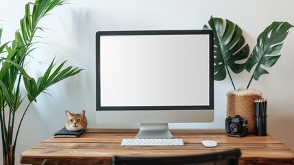 Mockup Blank screen desktop computer and decorations with cat animal on wood table