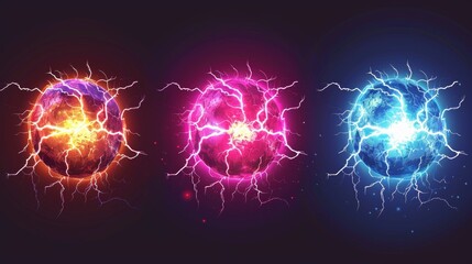 Lightning balls and energy bursts isolated on transparent background, modern set with realistic flashes and sparkles.
