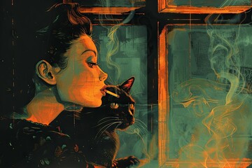 A cunning Siamese cat perches on the windowsill of a smoke-filled apartment, its gaze fixed on a sultry femme fatale who lounges on a chaise longue, a cigarette dangling from her lip - obrazy, fototapety, plakaty