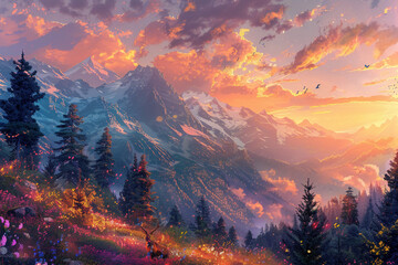 Experiment with color and texture to depict a whimsical scene of a mountain highway bathed in the...