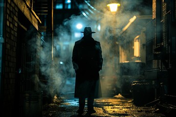 A lone detective stands in a dimly lit alley, cigarette smoke curling around him as he surveys the scene of a mysterious crime