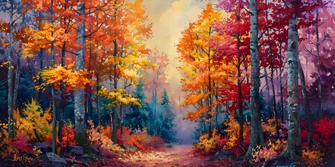 Obraz na płótnie Canvas Vibrant Autumn Forest Landscape with Colorful Foliage and Scenic Nature Path