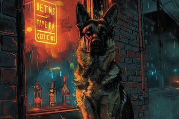 Fototapeta na wymiar A loyal German Shepherd stands guard outside a seedy dive bar, its ears perked and senses alert as it waits for its master to emerge from the shadows.