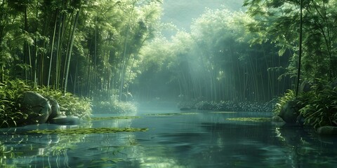 Serene Bamboo Grove with Tranquil Pond A Peaceful Oasis in Nature