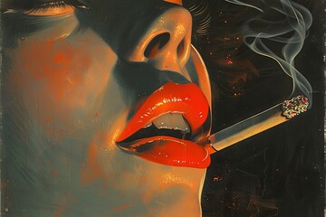 A pair of ruby-red lips part seductively as a sultry siren exhales a cloud of smoke, her cigarette holder clutched between perfectly manicured fingers, each puff a silent challenge to fate